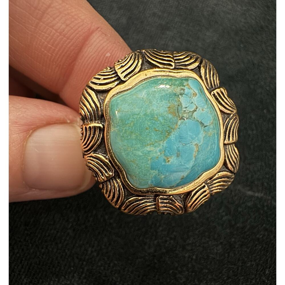 Bronze & Turquoise Statement Ring Signed Thai Size 9.5 Southwest Boho Chunky